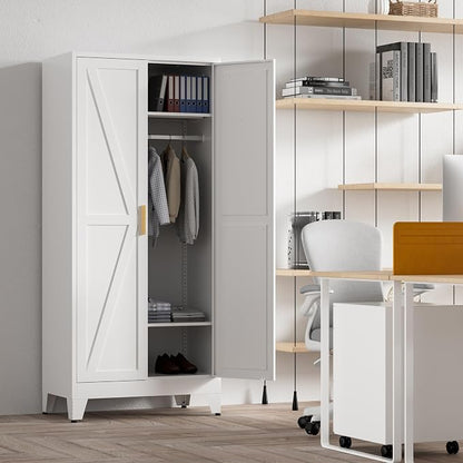 Washsemba 71'' Farmhouse Metal Wardrobe Cabinet with Hanging Rod, 2 Barn Door Wardrobe Closet with 2 Adjustable Shelves,for Dining Room,Bedroom,Living Room, Cloak Room,Office (White)