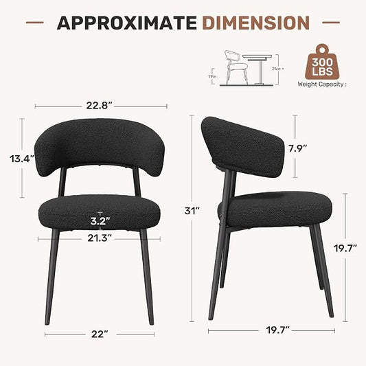 Dining Chairs Set of 6, Mid Century Modern Kitchen Chairs, Boucle Upholstered Dining Chair with Curved Backrest & Metal Legs for Kitchen Dining Room, Black