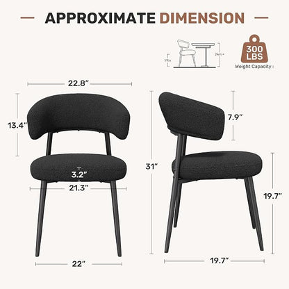 Dining Chairs Set of 4, Mid Century Modern Kitchen Chairs, Boucle Upholstered Dining Chair with Curved Backrest & Metal Legs for Kitchen Dining Room, Black
