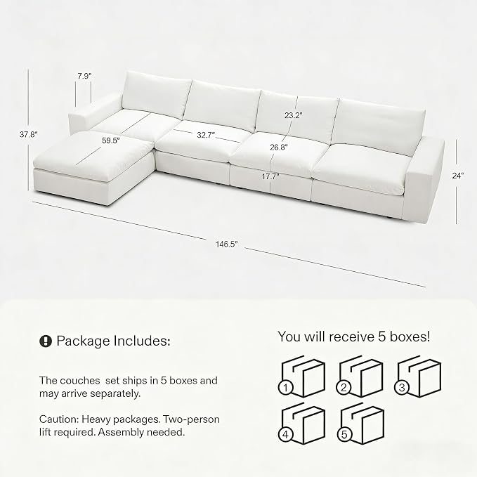 Cloud Couch Sectional 146.5'' Oversized Modular Deep Seat Sofa L Shaped Comfy White Cloud Couch with Washable Cover for Living Room 4 Seater with 1 Ottoman