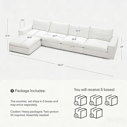 Cloud Couch Sectional 146.5'' Oversized Modular Deep Seat Sofa L Shaped Comfy White Cloud Couch with Washable Cover for Living Room 4 Seater with 1 Ottoman