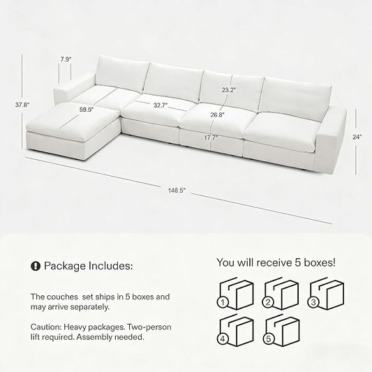 Cloud Couch Sectional 146.5'' Oversized Modular Deep Seat Sofa L Shaped Comfy White Cloud Couch with Washable Cover for Living Room 4 Seater with 1 Ottoman