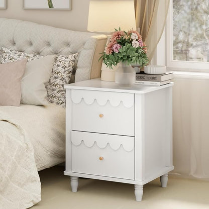 White Nightstand Side End Table with 2 Drawers, Modern Wood Night Stand with Petal Pattern for Bedroom, Scalloped Bedside Night Tables with Solid Wood Legs
