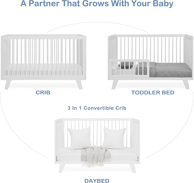 3-in-1 Astin Convertible Baby Crib - Wooden Baby Crib, Grows with Your Baby, Converts to Toddler Bed & Day Bed, 4 Adjustable Support Base Height | White