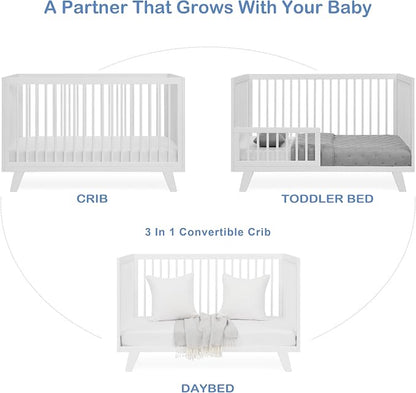 3-in-1 Astin Convertible Baby Crib - Including Toddler Guard Rail, Grows with Your Baby, Converts to Toddler Bed & Day Bed, 4 Adjustable Support Base Height | White with Guard Rail
