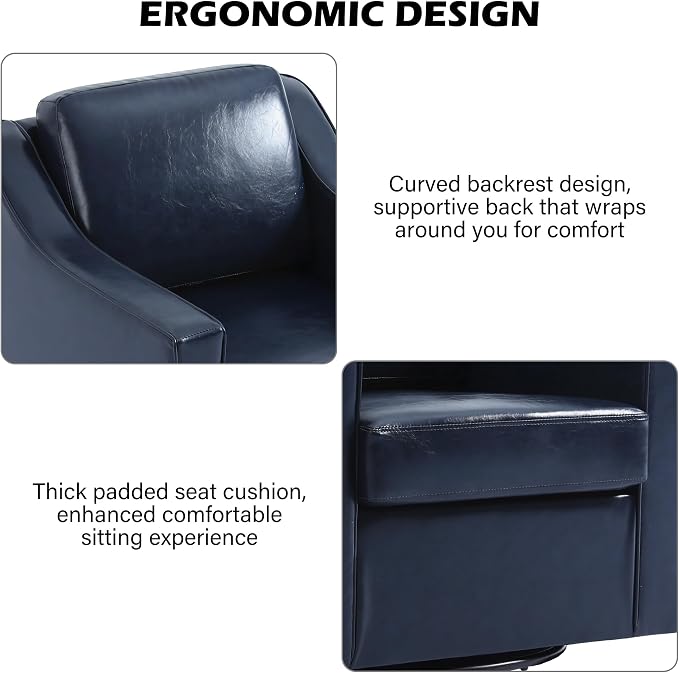 Swivel Accent Chair, Modern Round Barrel Arm Chair for Living Room, Bedroom, Comfy Club Reading Chairs for Adults (Leather Navy Blue, Set of 1)