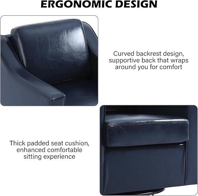 Swivel Accent Chair Set of 2, Modern Round Barrel Arm Chair for Living Room, Bedroom, Comfy Club Reading Chairs for Adults, Leather Navy Blue