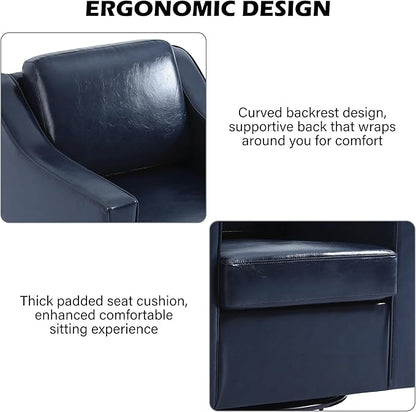 Swivel Accent Chair Set of 2, Modern Round Barrel Arm Chair for Living Room, Bedroom, Comfy Club Reading Chairs for Adults, Leather Navy Blue