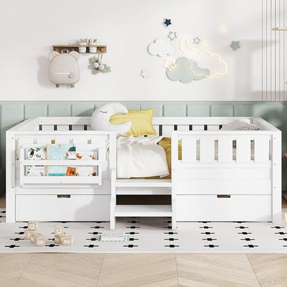 Bellemave Full Size Kids Montessori Bed with Stairs and Bookshelf,Solid Wood Full Size Kids Bed Frame with Drawers and Storage for Girls Boys,Low-Profile,White