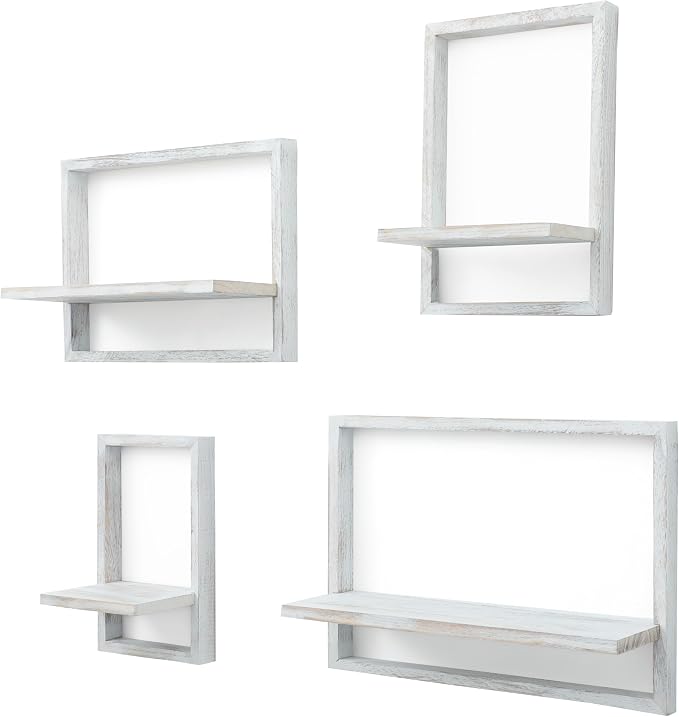 PHOENANCEE Square Floating Shelves,Framed Wall Shelf Decorative Set of 4,Modern Plants Hanging Display Art Decor Storage for Livingroom Bedroom Bathroom Farmhouse,Home Light Wood,Rustic White