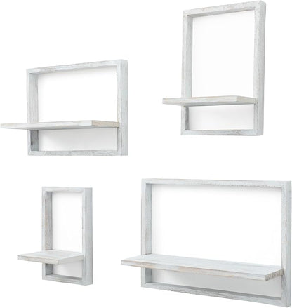 PHOENANCEE Square Floating Shelves,Framed Wall Shelf Decorative Set of 4,Modern Plants Hanging Display Art Decor Storage for Livingroom Bedroom Bathroom Farmhouse,Home Light Wood,Rustic White