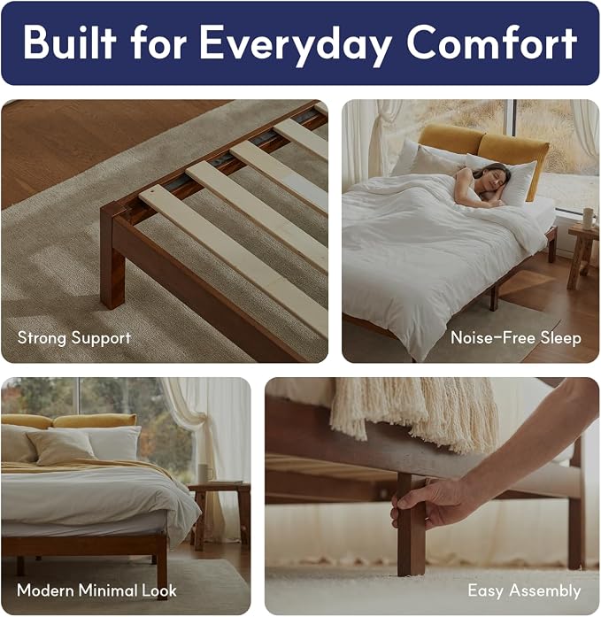 LIFEMENT Queen Bed Frame Signature Wood Platform, Noise Free, Under Bed Storage, No Box Spring Needed, Easy Assembly, Gray