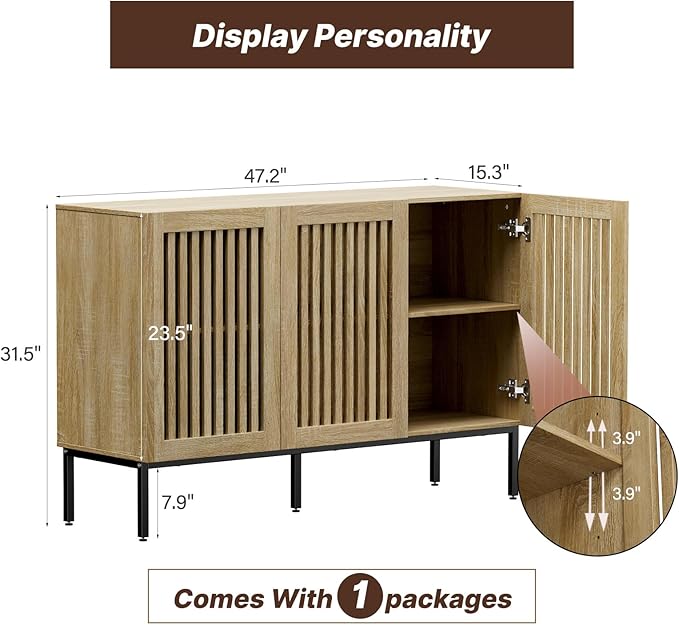 BVIUNTWO Buffet Cabinet with Storage,47" Farmhouse Console Table with Metal Base and Adjustable Shelves,Sideboard Coffee Bar Cabinet with 3 Doors for Kitchen,Dining Room,Living Room,Oak