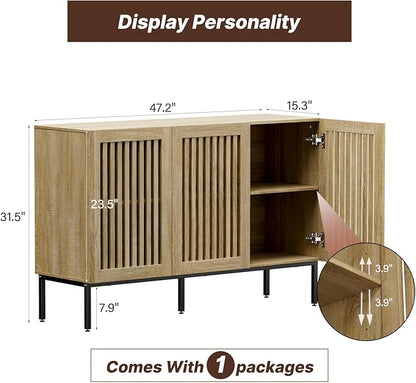 BVIUNTWO Buffet Cabinet with Storage,47" Farmhouse Console Table with Metal Base and Adjustable Shelves,Sideboard Coffee Bar Cabinet with 3 Doors for Kitchen,Dining Room,Living Room,Oak