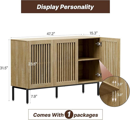 BVIUNTWO Buffet Cabinet with Storage,47" Farmhouse Console Table with Metal Base and Adjustable Shelves,Sideboard Coffee Bar Cabinet with 3 Doors for Kitchen,Dining Room,Living Room,Oak