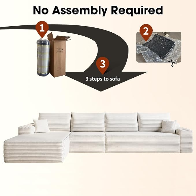 135" Corduroy Couch Sectional with Chaise, L Shape Boneless Cloud Couches for Living Room Bedroom, Modular Corner Couch, Fluffy Deep Seat Compression Sofa, Left Facing Chaise, No Assembly, White
