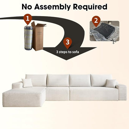 135" Corduroy Couch Sectional with Chaise, L Shape Boneless Cloud Couches for Living Room Bedroom, Modular Corner Couch, Fluffy Deep Seat Compression Sofa, Left Facing Chaise, No Assembly, White
