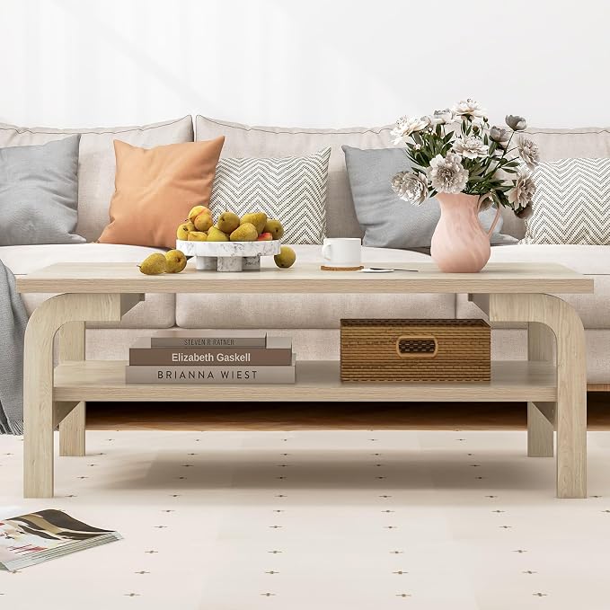 Giantex 2-Tier Coffee Table with Storage, 47” Mid Century Rectangle Accent Table with Open Shelf, Large Tabletop & Curved Legs, Rustic Style Wood Cocktail, Center Table for Living Room, Natural