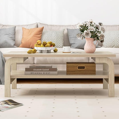 Giantex 2-Tier Coffee Table with Storage, 47” Mid Century Rectangle Accent Table with Open Shelf, Large Tabletop & Curved Legs, Rustic Style Wood Cocktail, Center Table for Living Room, Natural