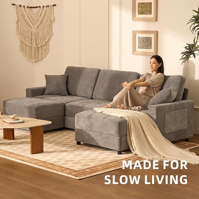 112" U Shaped Modular Cloud Sectional Couch, Waffle Fabric, Light Gray | Modular Deep Seat Sofa, Movable Ottoman, Pocket Spring Cushions, 2-Box Delivery, Living Room Lounge Use, Not Boneless