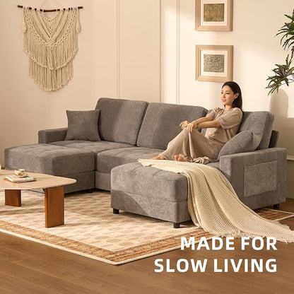 112" U Shaped Modular Cloud Sectional Couch, Waffle Fabric, Light Gray | Modular Deep Seat Sofa, Movable Ottoman, Pocket Spring Cushions, 2-Box Delivery, Living Room Lounge Use, Not Boneless