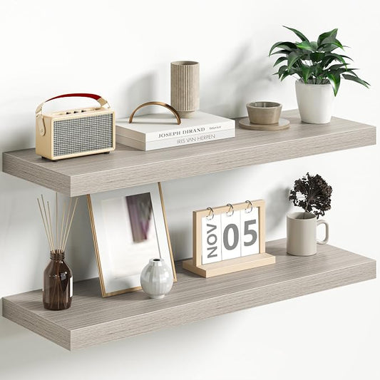 Fun Memories Floating Shelves - 2 Pack 12 Inch Rustic Wooden Wall Shelves - Extra Deeper & Thicker Wall Mounted Storage Shelf for Living Room, Kitchen, Farmhouse - 36" W x 12" D x 1.8" H - Grey