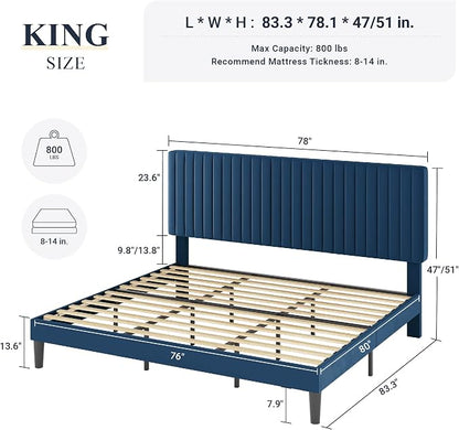 Allewie King Bed Frame, Velvet Upholstered Platform Bed with Adjustable Vertical Channel Tufted Headboard, Mattress Foundation with Strong Wooden Slats, Box Spring Optional, Easy Assembly, Navy Blue