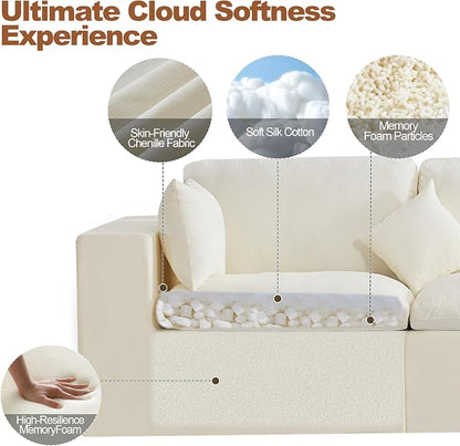 115''Cloud Boneless Sectional Couch, Modular Sectional Sofa Deep Seat with Ottoman, Oversized Upholstered Convertible Comfy 4 Seater Chenille Sofa L Shape Couches for Living Room, Beige