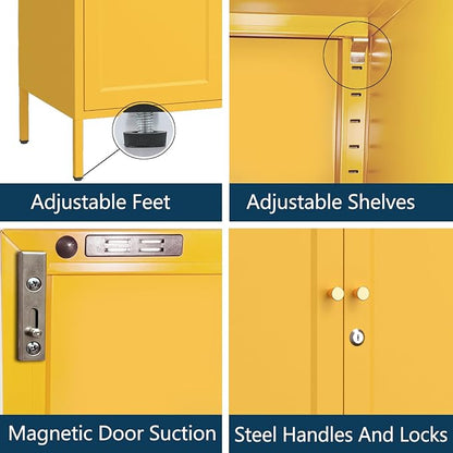 Metal Storage Locker with Djustable Shelves 36" H Lockable Modern Lockers Home Organization Cabinet 2-Door Durable Metal Cabinet for Bedroom Entrance Yellow 36" H X 31.5" W X 13.8" D