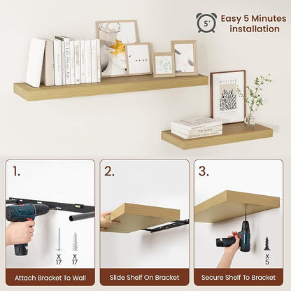 Vivelove 12 Inch Deep Floating Shelves 30 inch Long, 2 Inch Thick Wall Shelves with Invisible Brackets, Shelf for Bedroom Bathroom Living Room Kitchen Office Home Decor, Modern Shelf Set of 2, Oak