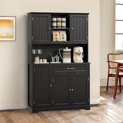 Gizoon Kitchen Pantry Cabinet with Countertop Kitchen Hutch Storage Cabinet 67.7" Tall Pantry Coffee Bar with Storage for Dining Room and Craft Room, Painted Black