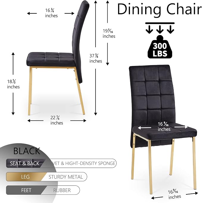 NORDICANA Upholstered Velvet Dining Chairs Classic Kitchen High Back Dinette Chairs Set of 4, Featured Dovetail Tufted Side Chairs, Golden Color Metal Legs, Black
