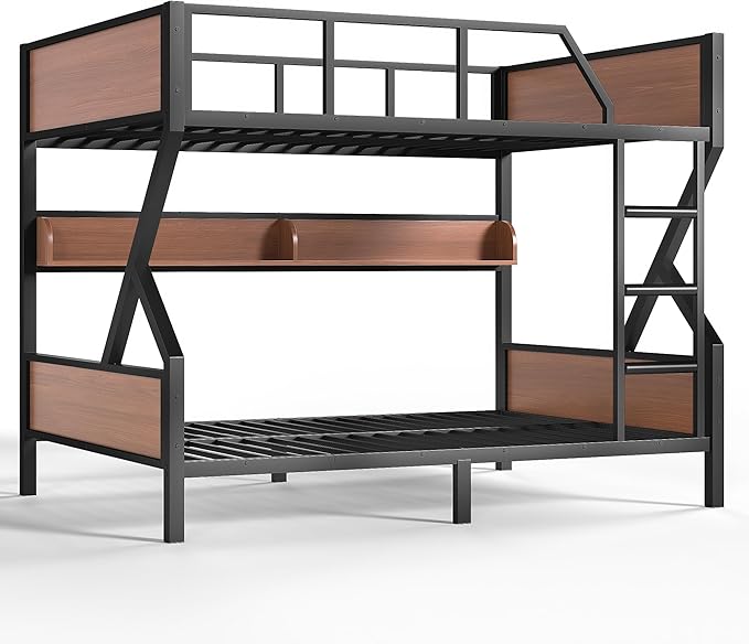 Bellemave Bunk Bed Full Over Full with LED, Heavy Duty Metal Bunk BedFrame with Storage Shelves and Lights, Woodgrain+Black