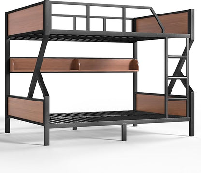 Bellemave Bunk Bed Full Over Full with LED, Heavy Duty Metal Bunk BedFrame with Storage Shelves and Lights, Woodgrain+Black