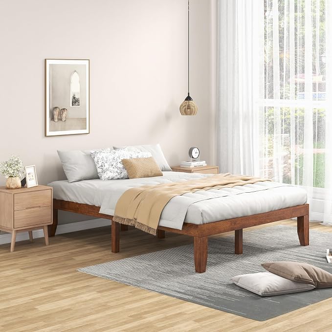 KOMFOTT 14 Inches Wood Platform Bed Frame Full Size, Wooden Mattress Foundation with Rubber Wood Frame, Strong Wooden Slat Support, No Box Spring Needed, Bed Frame (Brown Cherry)