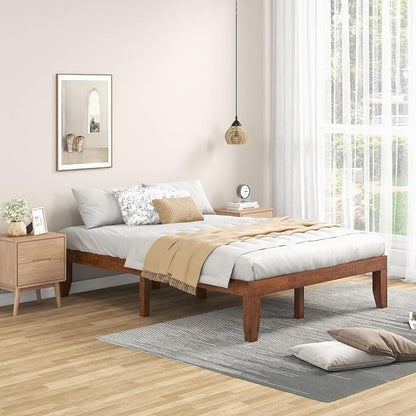 KOMFOTT 14 Inches Wood Platform Bed Frame Full Size, Wooden Mattress Foundation with Rubber Wood Frame, Strong Wooden Slat Support, No Box Spring Needed, Bed Frame (Brown Cherry)