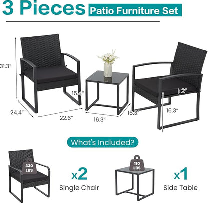 Bezseller 3 Pieces Patio Furniture Set, Outdoor Rattan Bistro Set with Coffee Table, Durable Steel Frame with Strapped Cushions for Garden, Balcony, Poolside, Backyard