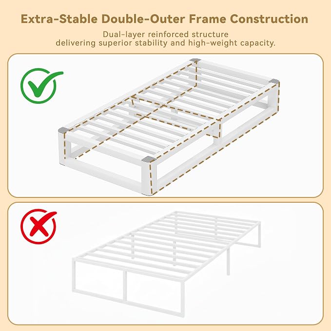 10 Inch Twin Bed Frames with Rounded Corner and Squeak Free U-Slot Design, Metal Platform Bed Frames 6 Non-Slip Guards, 3500lbs Heavy Duty Steel Slat Support, No Box Spring Needed, White