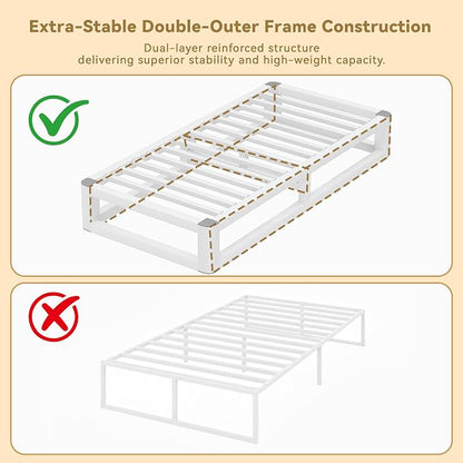 10 Inch Twin Bed Frames with Rounded Corner and Squeak Free U-Slot Design, Metal Platform Bed Frames 6 Non-Slip Guards, 3500lbs Heavy Duty Steel Slat Support, No Box Spring Needed, White
