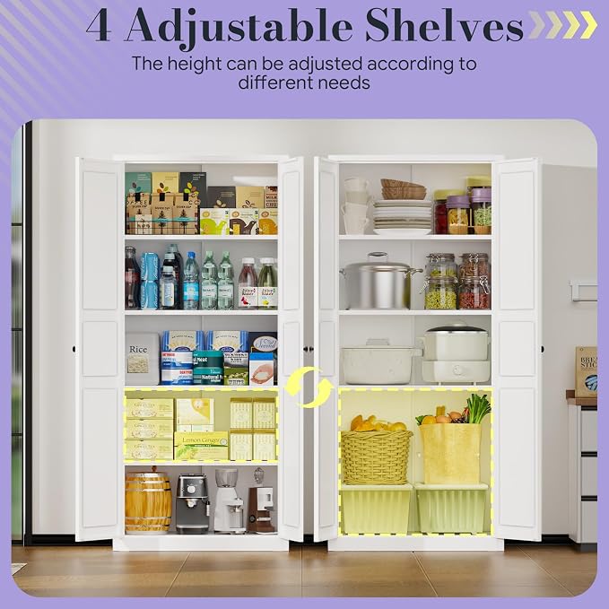 71" Tall Metal Pantry Cabinet,Kitchen Pantry Cabinet with 4 Adjustable Shelves and Magnetic Doors,Cupboard for Kitchen/Dining Room/Bathroom/Home Office(White)