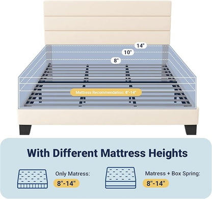 Allewie King Size Platform Bed Frame with Velvet Upholstered Headboard and Wooden Slats Support, Fully Upholstered Mattress Foundation/No Box Spring Needed/Easy Assembly, Cream