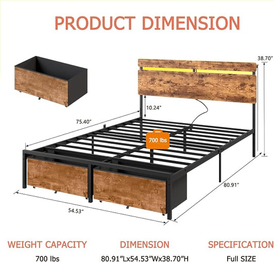 Forestell Full Size Bed Frame with Wood Headboard, Metal Platform Bed with 2 Storage Drawers & Shelf, Built in Charging Station & LED Lights, No Box Spring Needed, Vintage Brown, Camas Full