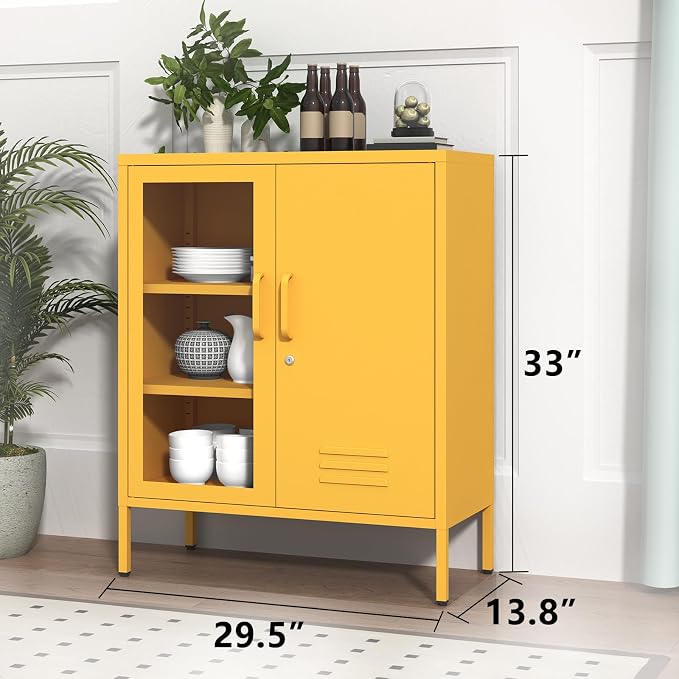 Lockable Metal Storage Locker Adjustable Shelves, 33" H 2-Door Storage Cabinets Durable Metal Sideboard Cabinet for Home Office Living Room Bedroom Yellow