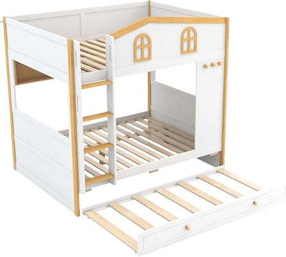 Bellemave Bunk beds Full Over Full with Twin Size Trundle, Low bunk Bed for Kids Adults and Teenagers，White