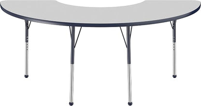 FDP Half Moon Activity School and Office Table (36 x 72 inch), Standard Legs with Ball Glides for Collaborative Seating Environments, Adjustable Height 19-30 inches - Gray Top and Navy Edge
