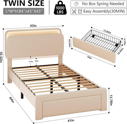 Feonase Twin Upholstered Bed Frame with Storage Drawers and Headboard, Built-in Charging Station, Velvet Platform LED Bed with Solid Wood Slat Support, No Box Spring Needed, for Girls and Kids, Beige