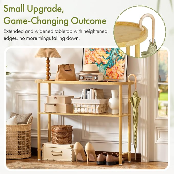 Narrow Console Table Bamboo 39.4", Modern Entryway Table for Hallway Oval Top, Sofa Console Table with Anti-Fall Edge, TV Stand for Living Room, Indoor Outdoor Plant Stand, 5min Easy Assembly