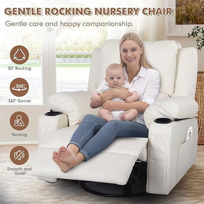 Leather Swivel Rocker Recliner Chair with Massage and Heat Overstuffed Manual Recliner Chairs with Cup Holders, Rocking Glider Chairs for Nursery White