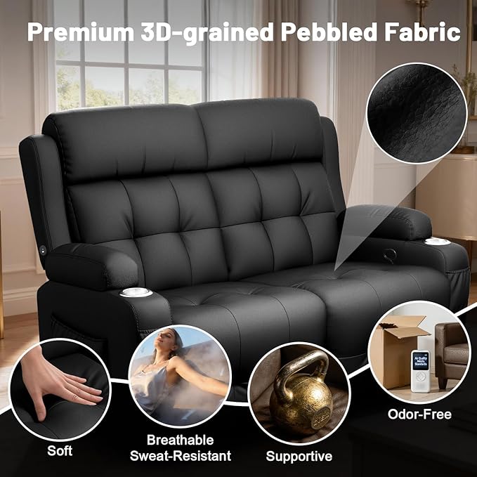 Reclining Loveseat with Pebble Texture Fabric, Loveseat Recliner with USB/Type C Ports, Storage & Cup Holders, RV Wall Hugger Recliner Sofa for Living Room & Home Theater & RV