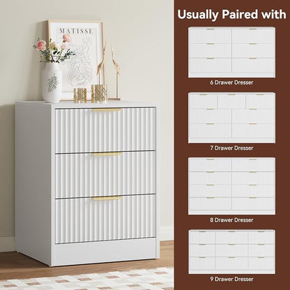 7 Drawer Dresser & Nightstand Set, 3-Piece White Fluted Dresser and Night Stand Set of 2 with Metal Handle, Modern Wood Chest of Drawers Storage Dressers Set for Bedroom, White